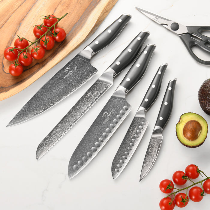 7 Pieces Damascus Steel Knife Set with Gray Block, Kitchen Shears, Chef Knife, Santoku Knives and Professional Kitchen Knives