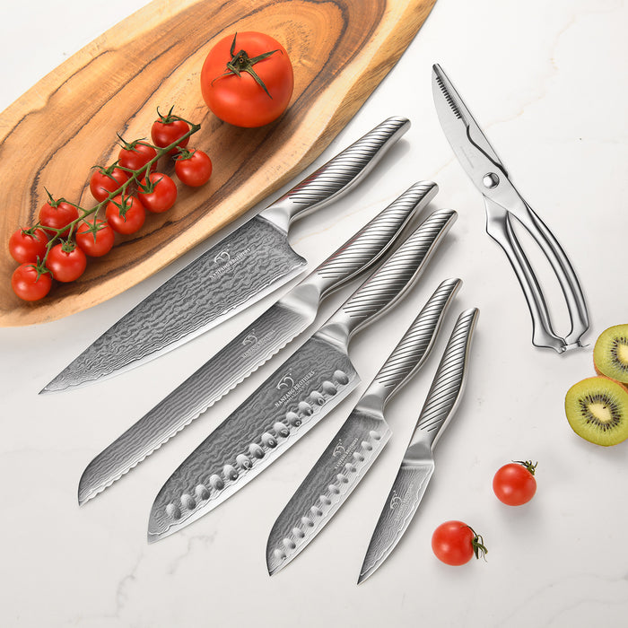 7 Pieces Damascus Steel Knife Set with Black Block, Kitchen Shears, Sharpener and Professional Kitchen Knives