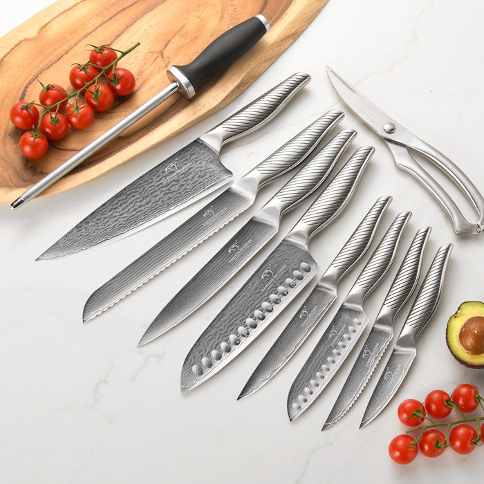 16 Pieces Damascus Steel Knife Set with Black Knife Block, 6 Steak Knives, Kitchen Shears and Sharpening Rod