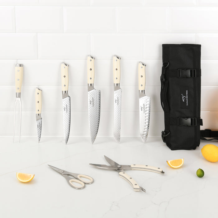 9-Pieces 3D Pattern Damascus Kitchen Knife Set with Oxford Fabric Roll, Fork and two Kitchen Shears