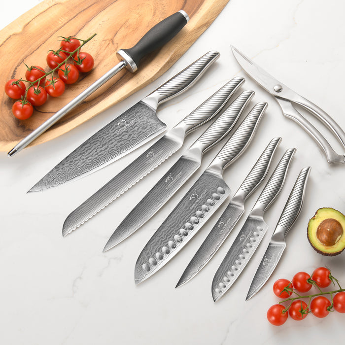 10 Pieces Damascus Steel Knife Set with Grey Block, Sharpener, Kitchen Shears and Professional Kitchen Knives