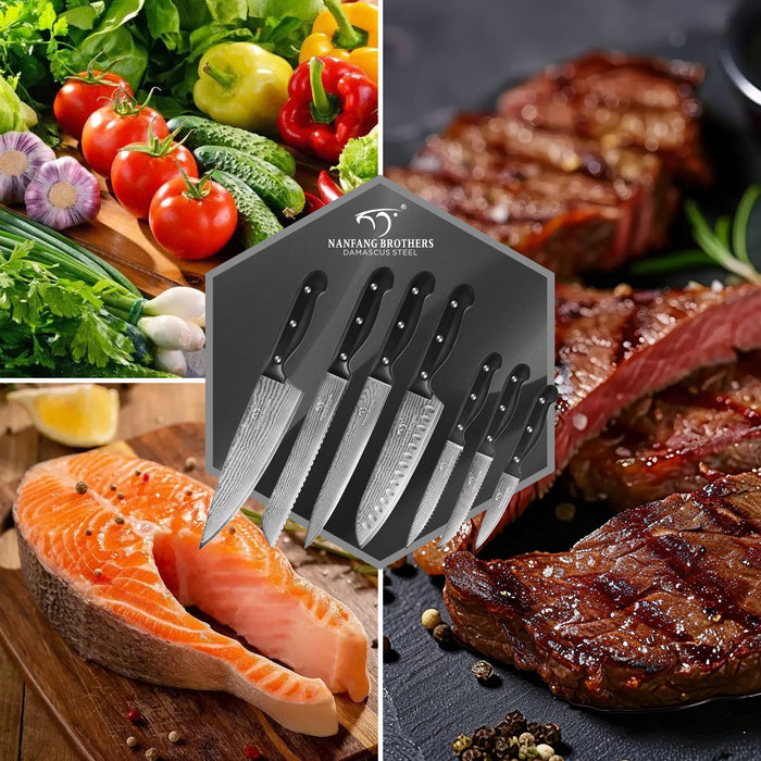 15 Pieces Damascus Steel Knife Set with Black Block, Steak Knives, Kitchen Shears and Sharpener