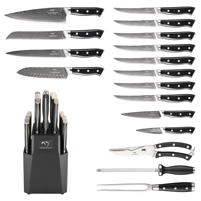 18-Pieces Damascus Knife Set with Black Wooden Block and 8 Pcs Steak Knife