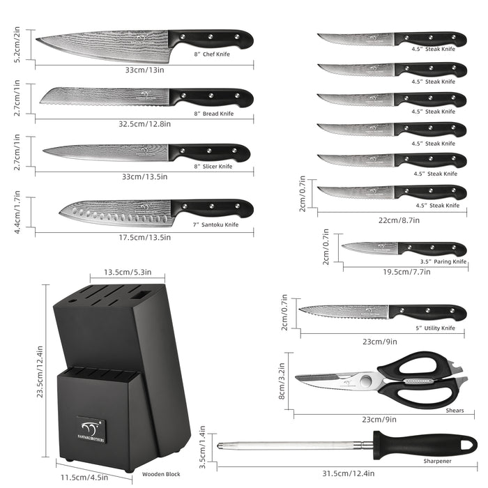 15 Pieces Damascus Steel Knife Set with Black Block, Steak Knives, Kitchen Shears and Sharpener