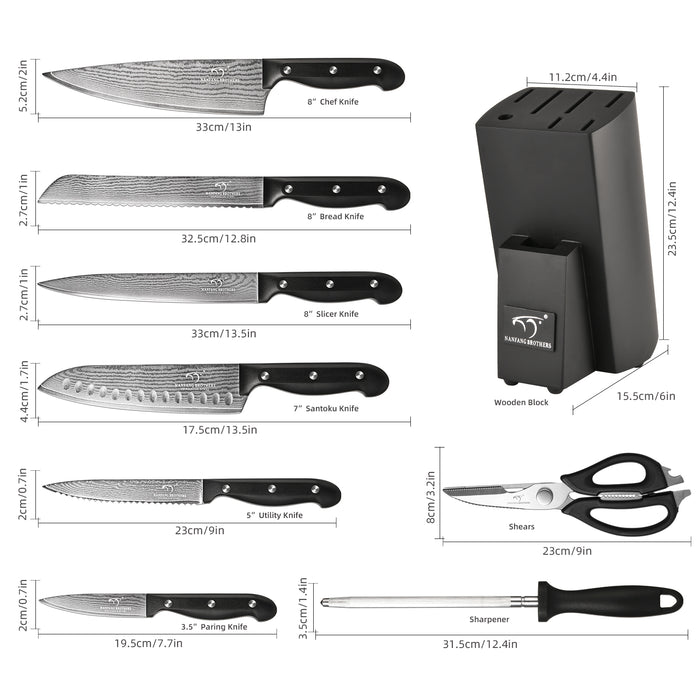 9 Pieces Damascus Steel Knife Set with the Black Block, Sharpeners, Kitchen Scissor and Utility Knife