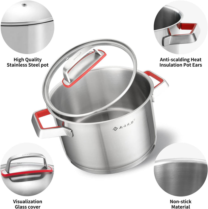 NANFANG BROTHERS 3 Quart Stainless Steel Stock Pot with Glass Lid 316 Food Grade Copper Core Nonstick Stew Pot, Five Ply Compound Pot Bottom, Anti-scratch Pot Body, Dishwasher Safe 4.8lb (9×7.5 inch)