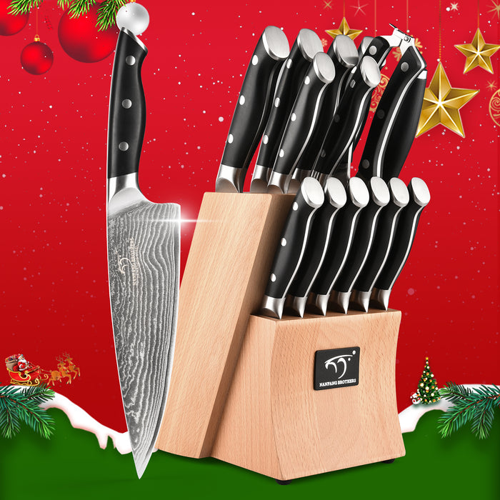 15-Piece Damascus Kitchen Knife Set with Wooden Block and 6 Pcs Steak Knife