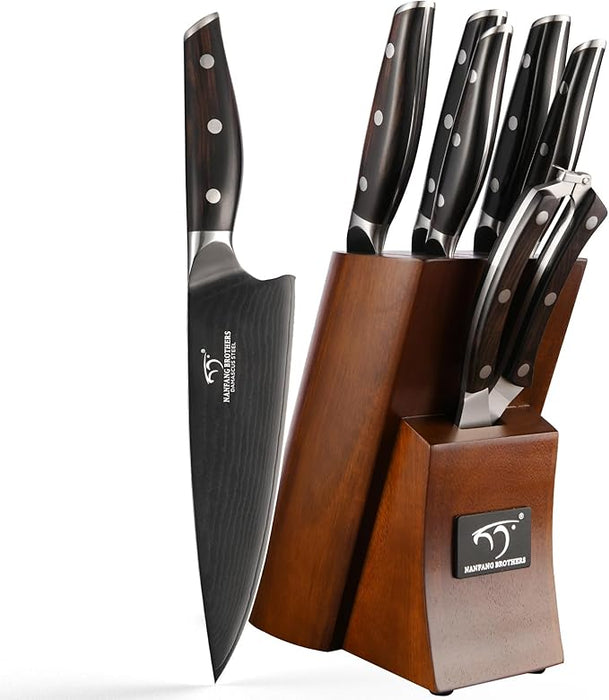 7-Piece Damascus Knife Set with Wood Block - Black Titanium Coated Kitchen Knives for Professional Chefs & Home Cooking | Ultra Sharp Chef Knife Set with Kitchen Shears