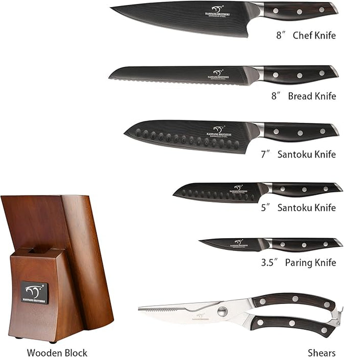 7-Piece Damascus Knife Set with Wood Block - Black Titanium Coated Kitchen Knives for Professional Chefs & Home Cooking | Ultra Sharp Chef Knife Set with Kitchen Shears