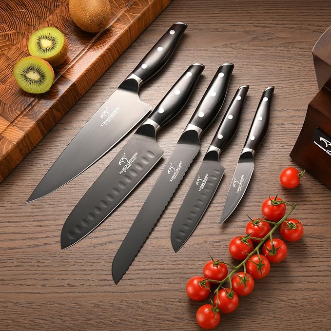 7-Piece Damascus Knife Set with Wood Block - Black Titanium Coated Kitchen Knives for Professional Chefs & Home Cooking | Ultra Sharp Chef Knife Set with Kitchen Shears
