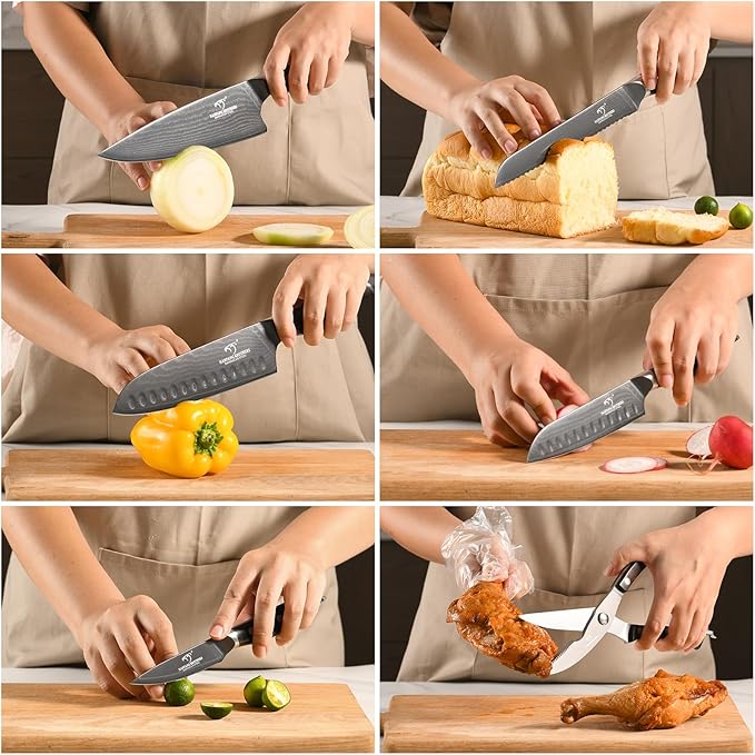 7-Piece Damascus Knife Set with Wood Block - Black Titanium Coated Kitchen Knives for Professional Chefs & Home Cooking | Ultra Sharp Chef Knife Set with Kitchen Shears