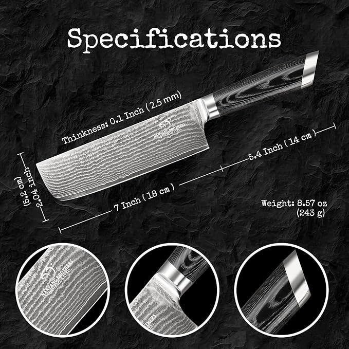 Damascus Cleaver Knife, 7 Inch Professional Kitchen Knife with Non-slip Micarta Wood Ergonomic Handle, All Purpose Chef Knife Meat Cleaver Vegetables Chopping, Razor Sharp Lightweight