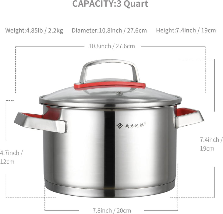 NANFANG BROTHERS 3 Quart Stainless Steel Stock Pot with Glass Lid 316 Food Grade Copper Core Nonstick Stew Pot, Five Ply Compound Pot Bottom, Anti-scratch Pot Body, Dishwasher Safe 4.8lb (9×7.5 inch)
