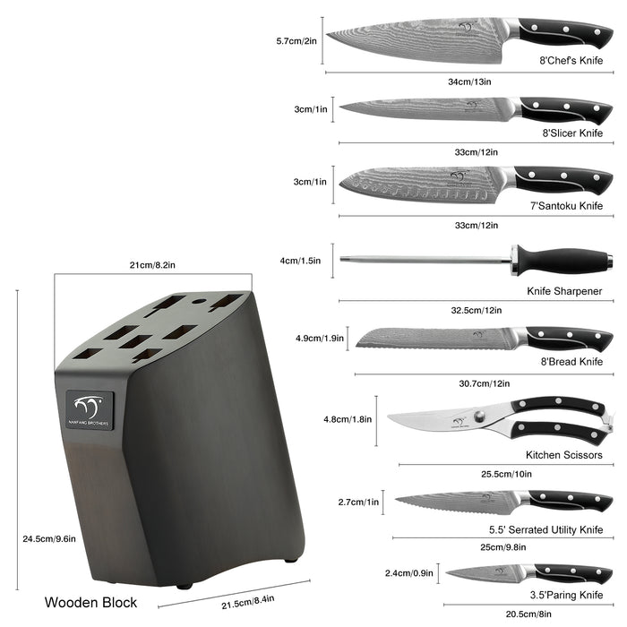 14-Pieces Damascus Kitchen Knife Set with Rubber Wood Block and White — Nanfang  Brothers Kitchenware