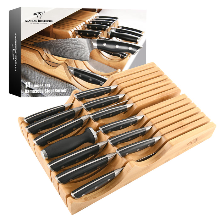 14-Pieces Damascus Kitchen Knife Set with Bamboo Drawer Organizer — Nanfang  Brothers Kitchenware