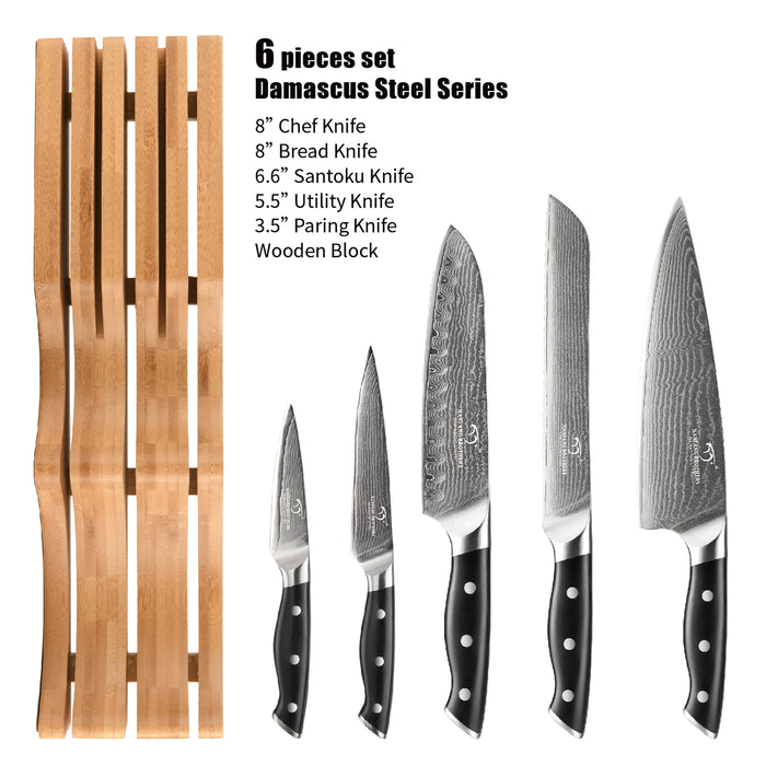 6-Pieces Damascus Kitchen Knife Set with Bamboo Drawer Organizer