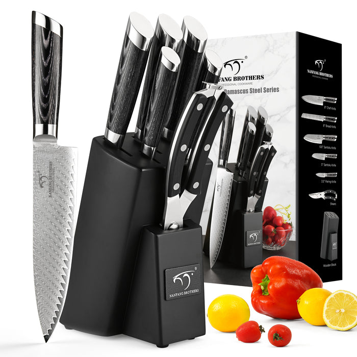 7-Pieces Damascus Kitchen Knife Set with Wooden Block