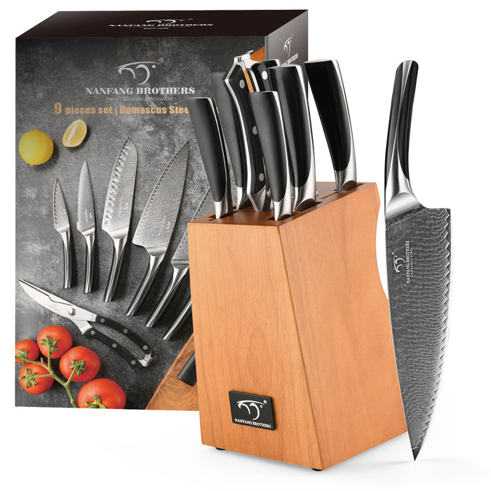 9 Pieces Damascus Kitchen Knife Set with Block Damascus Chef Knives