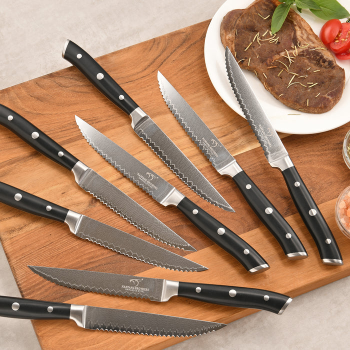 10 PCs Fully Serrated Steak Knife Set, (8 Steak Knives W/ Two Wood Block)