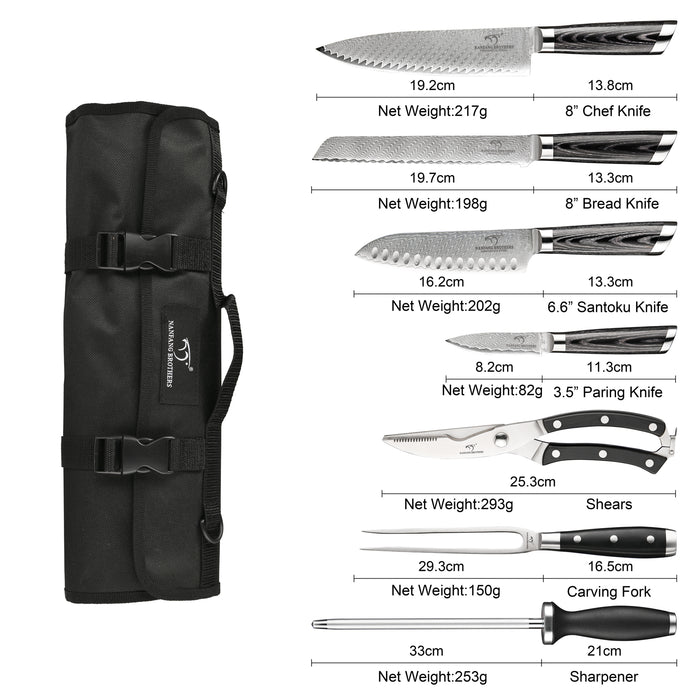 NANFANG BROTHERS Chef Knife Set with Bag, 8 Pieces Damascus Steel Chef  Knives with Portable Knife Roll Storage Bag, Blade Guards, Carving Fork