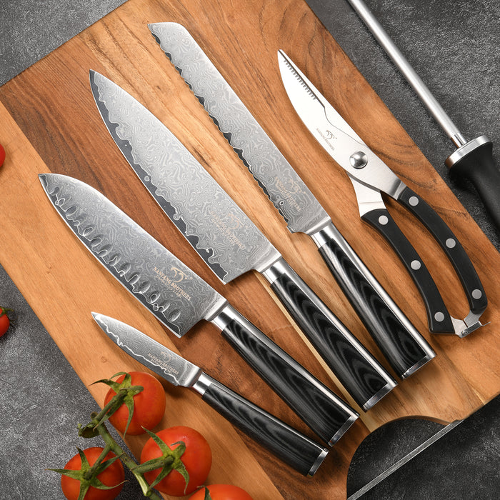 NANFANG BROTHERS Knife Set, 7-Piece Damascus Kitchen Knife Set with Block,  Ergonomic Wooden Handle Knives, Knife Sharpener and Kitchen Shears