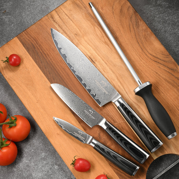 4-Piece Damascus Kitchen Knife Set with Sharpener
