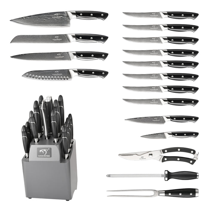 18-Pieces Damascus Kitchen Knife Set with Wooden Block and 8 Pcs Steak Knife