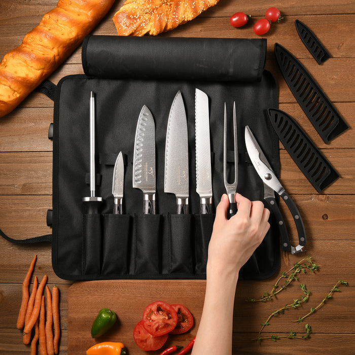 8-Pieces Damascus Kitchen Knife Set with Oxford Fabric Roll