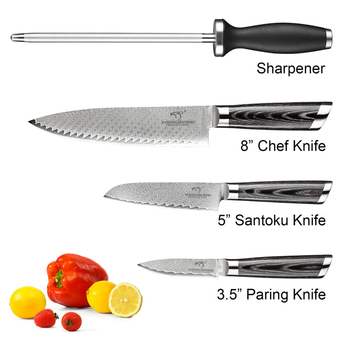 4-Pieces Damascus Kitchen Knife Set with Sharpener