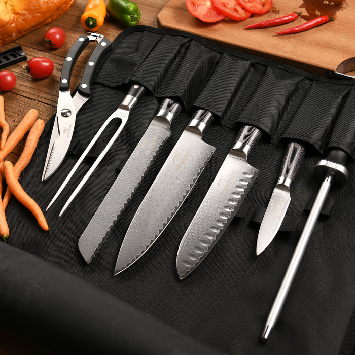 8-Pieces Damascus Kitchen Knife Set with Oxford Fabric Roll