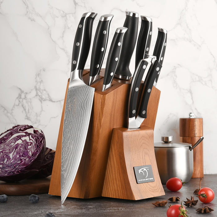 9-Piece Damascus Kitchen Knife Set with Wooden Block
